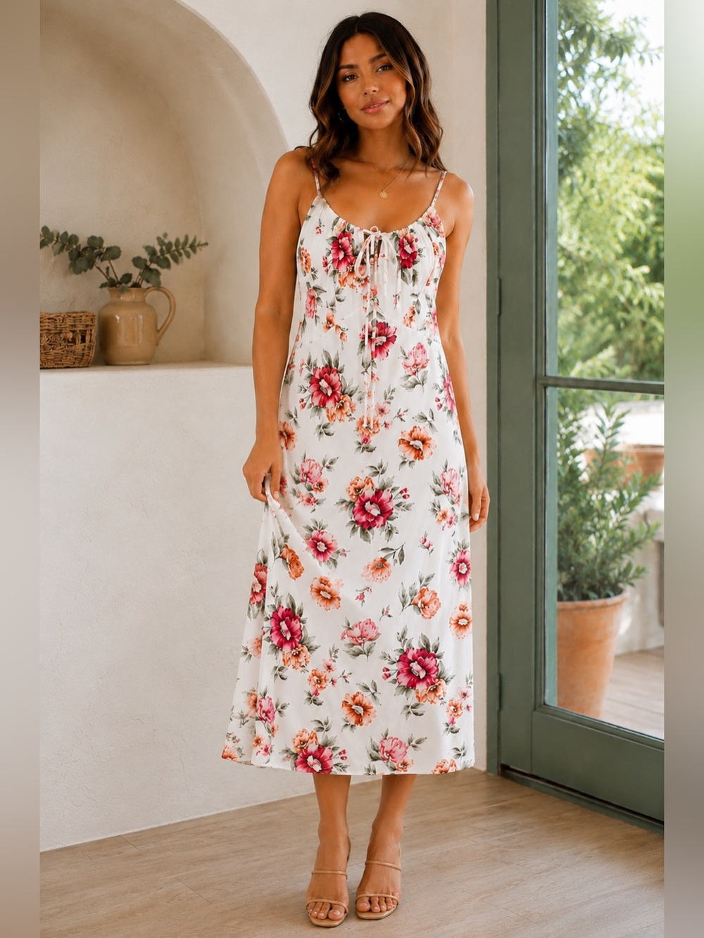 Fashion Nova 1X Floral Maxi Dress Ivory Pink Floral Strappy Tie Front A22
